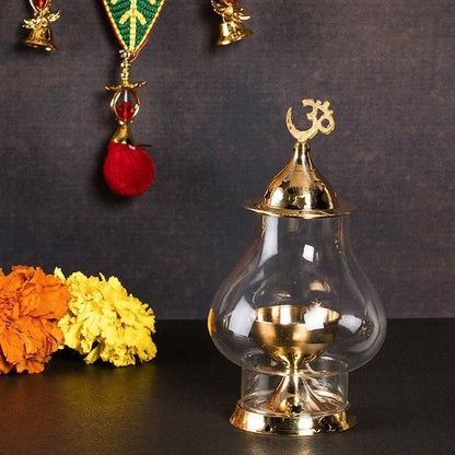 Brass Akhand Diya with Borosilicate Glass for Puja Home Temple Oil Lamp Tea Holder